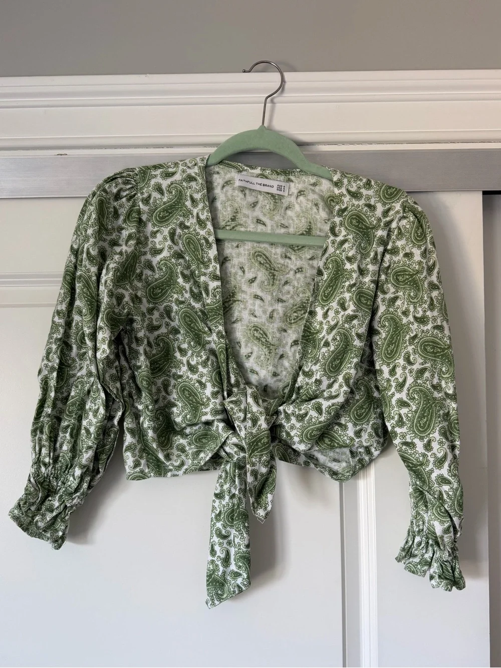 Faithfull the Brand Green Paisley Tie-Front Crop Top
